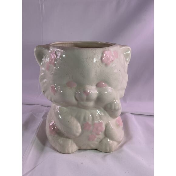 Vintage MCM Kitten Cat Ceramic Vase Planter Baby Floral Arrangement 7" White - Picture 7 of 11